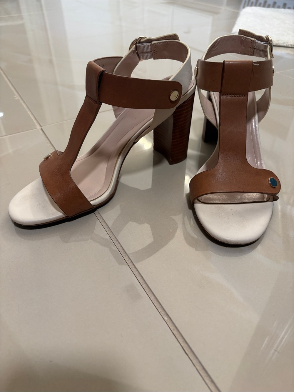Preston & York Brown and White T-Strap Block Heel Sandals